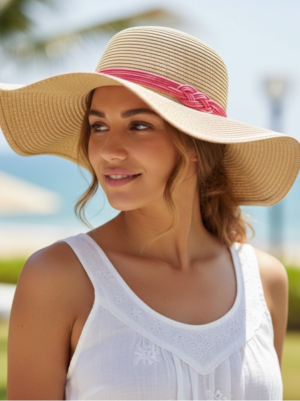 Floppy Straw Sun Hat Pink Rope Band Gold Shiny Flecks Beach Pool Coastal